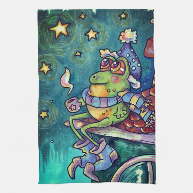Cozy Frog Christmas & New Year Card Kitchen Towel (Vertical)