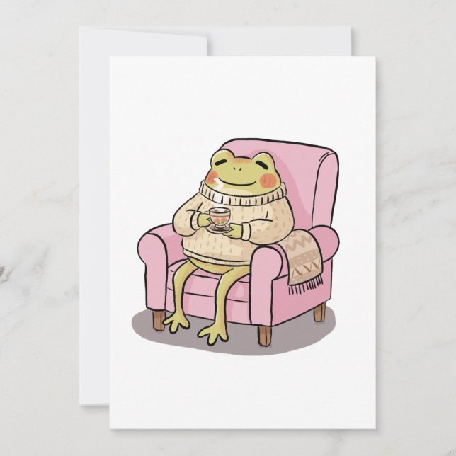 Cozy Frog Drinking Tea On Sofa Illustration Invitation (Front)