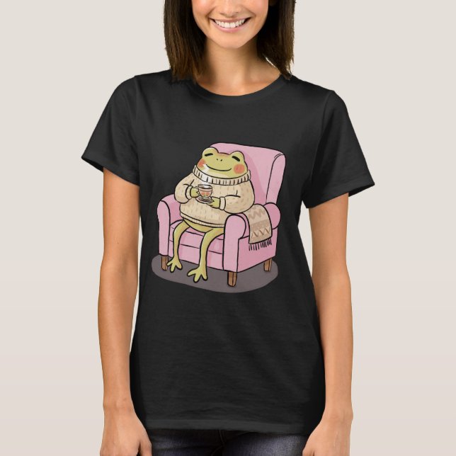 Cozy Frog Drinking Tea On Sofa Illustration T-Shirt (Front)