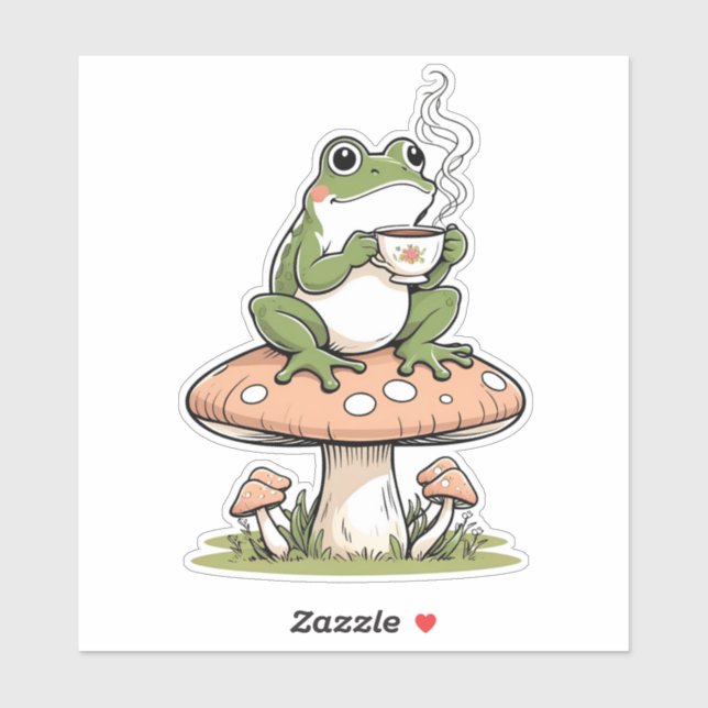 Cozy Frog Drinking Tea on Toadstool Sticker (Sheet)