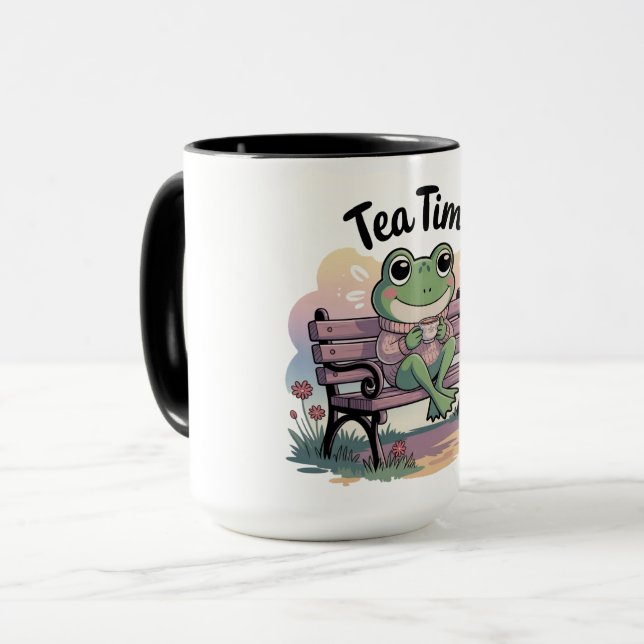 Cozy Frog Sitting Like a Human – Funny Chill Carto Mug (Front Left)