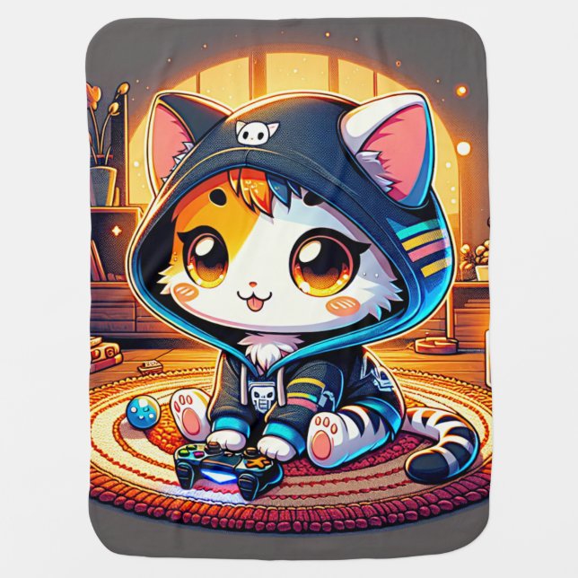 Cozy Gamer Cat  in a Hoodie Baby Blanket (Front)