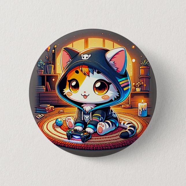 Cozy Gamer Cat  in a Hoodie Button (Front)