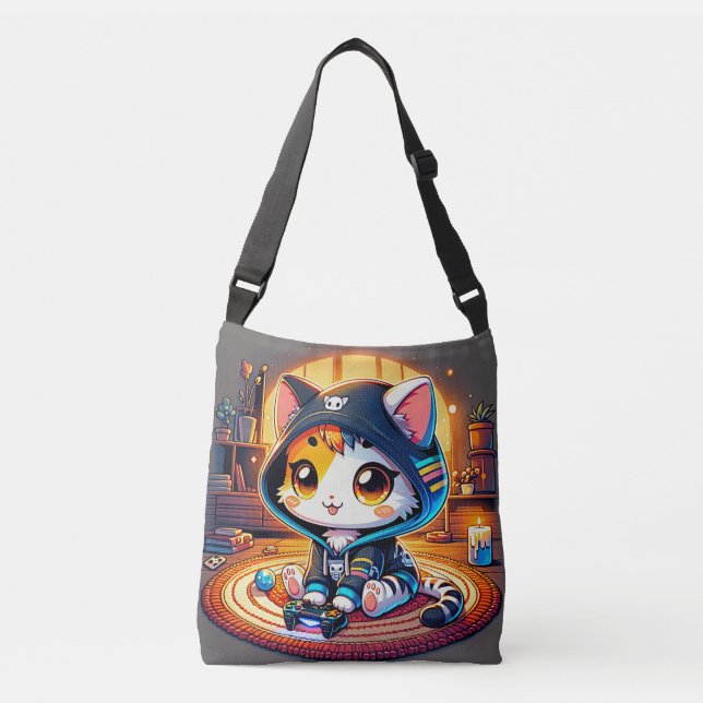 Cozy Gamer Cat  in a Hoodie Crossbody Bag (Front)
