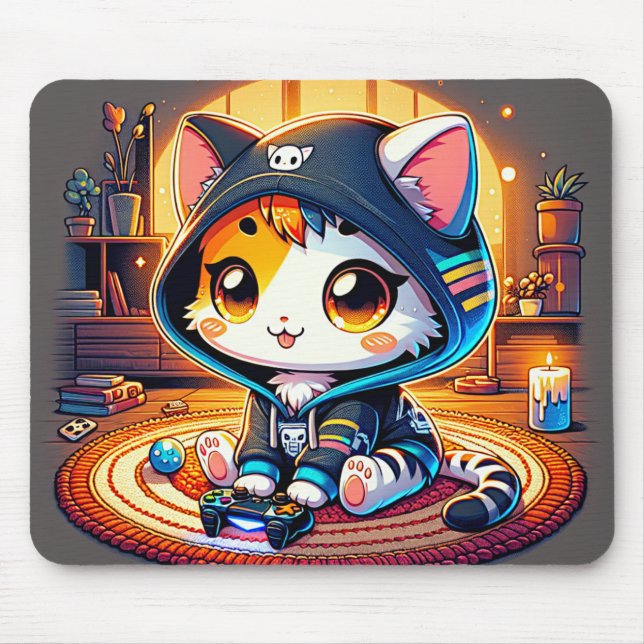 Cozy Gamer Cat  in a Hoodie Mouse Pad (Front)