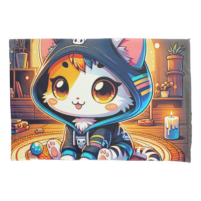 Cozy Gamer Cat  in a Hoodie Pillow Case (Front)