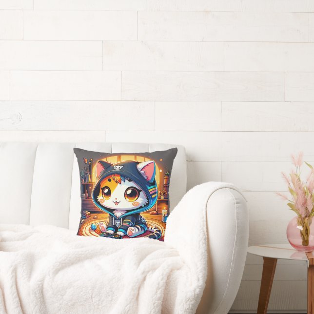 Cozy Gamer Cat  in a Hoodie Throw Pillow (Couch)