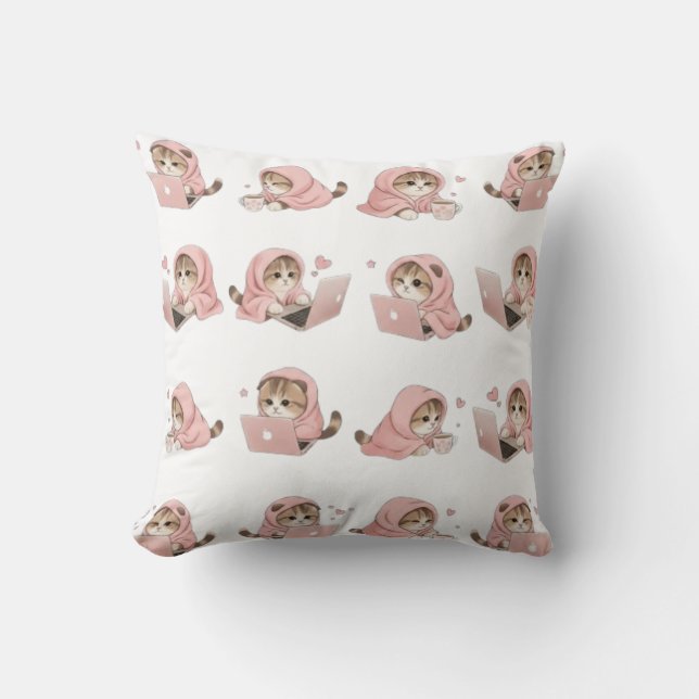 Cozy Gaming Cat Pattern - Aesthetic Pink Hoodie Ki Throw Pillow (Front)