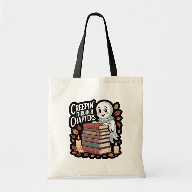 Cozy Ghost Book Stack Tote Bag (Front)