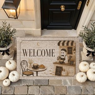 Cozy Ghost Café Halloween Welcome Pumpkin Fiber Doormat
