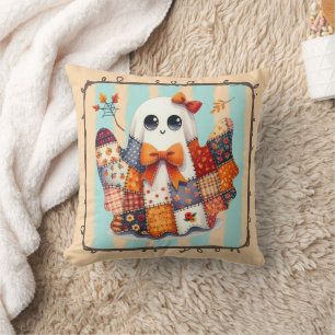 Cozy Ghost Patchwork Quilt – Halloween & Fall Throw Pillow