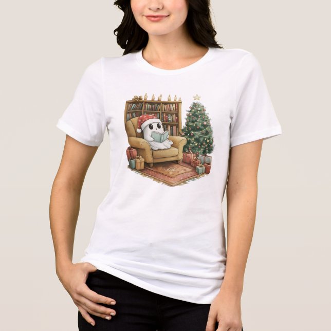 Cozy Ghost Reading Christmas Cute Holiday Gift Tri-Blend Shirt (Front)