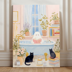Cozy Ghost Reading in Bubble Bath with Black Cats Acrylic Photo Tile