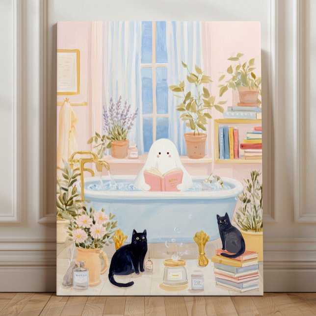 Cozy Ghost Reading in Bubble Bath with Black Cats Acrylic Photo Tile (Creator Uploaded)