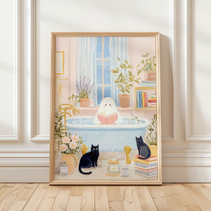 Cozy Ghost Reading in Bubble Bath with Black Cats Poster