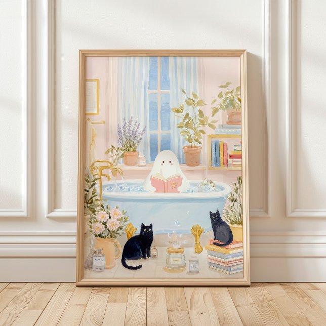 Cozy Ghost Reading in Bubble Bath with Black Cats Poster (Creator Uploaded)