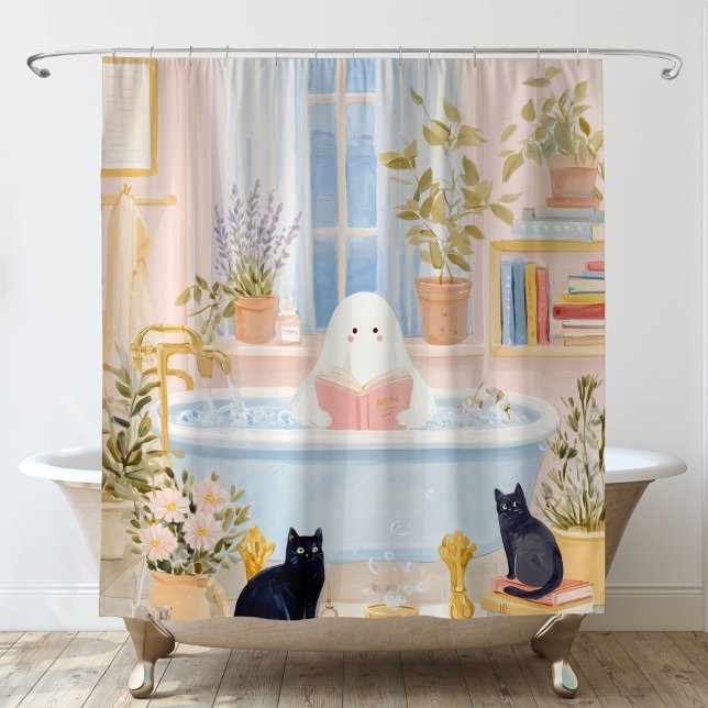 Cozy Ghost Reading in Bubble Bath with Black Cats Shower Curtain (Creator Uploaded)