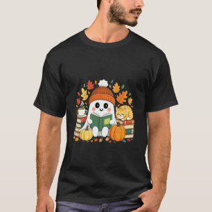 Cozy Ghost Reading Pumpkins Cat Halloween Autumn F T-Shirt