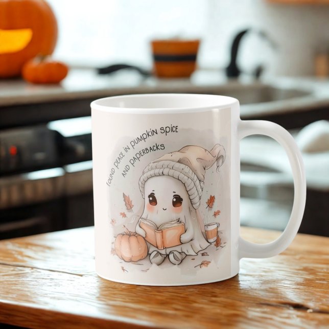 Cozy Ghost Reading with Pumpkin Spice & Fall Vibes Coffee Mug (Creator Uploaded)