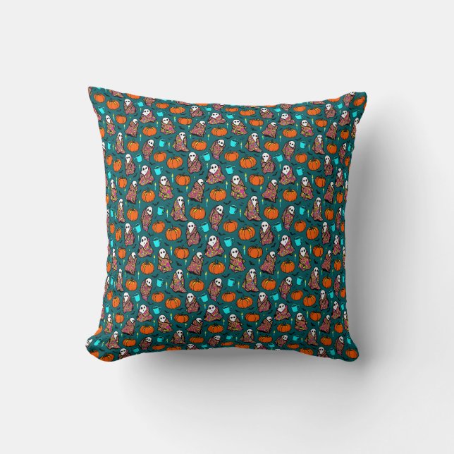 Cozy Ghosts and Pumpkins Throw Pillow (Front)