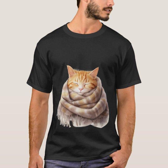 Cozy Ginger Cat Snuggled in Warm Scarf Art ✨🐾🧣 T-Shirt (Front)