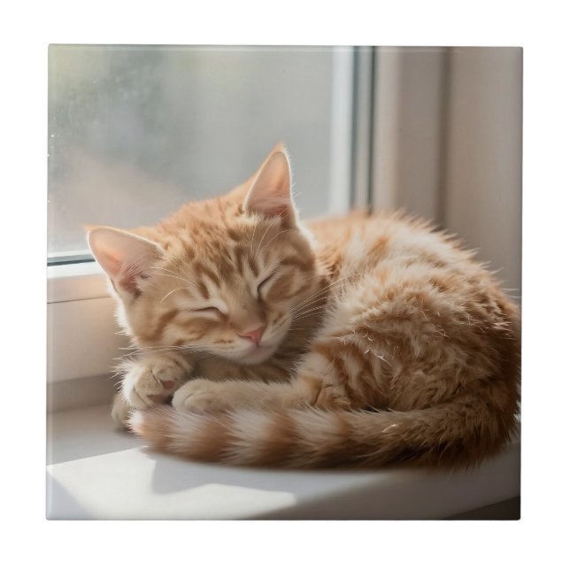 Cozy Ginger Cat Sunbathing Nap Ceramic Tile (Front)