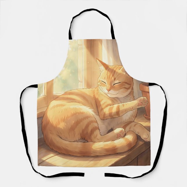 Cozy Ginger Tabby Cat Sunbathing  Apron (Front)