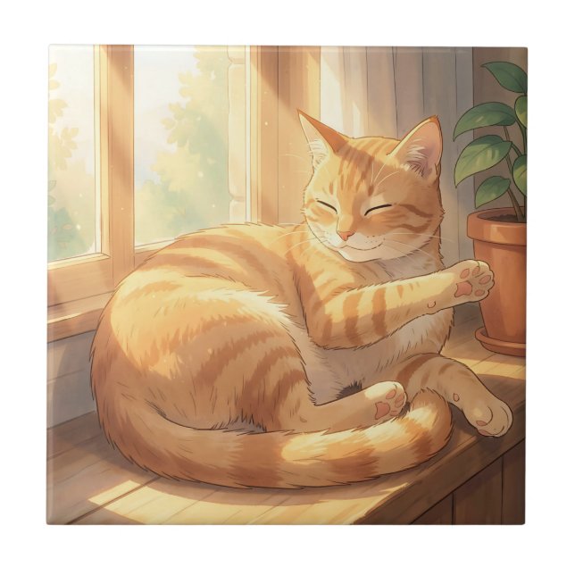 Cozy Ginger Tabby Cat Sunbathing  Ceramic Tile (Front)