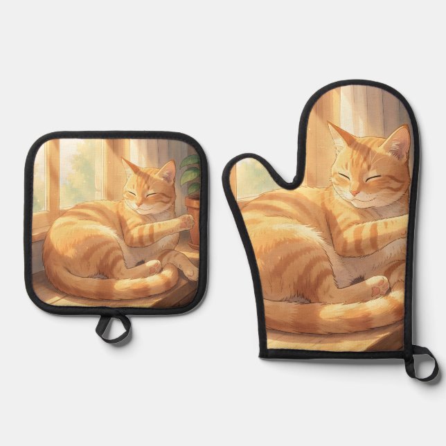 Cozy Ginger Tabby Cat Sunbathing  Oven Mitt & Pot Holder Set (Front)