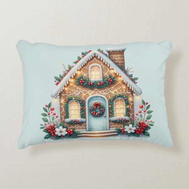 Cozy Gingerbread House Holiday Illustration Accent Pillow (Front)
