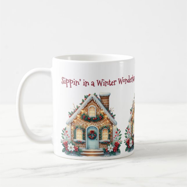 Cozy Gingerbread House Holiday Illustration Coffee Mug (Left)
