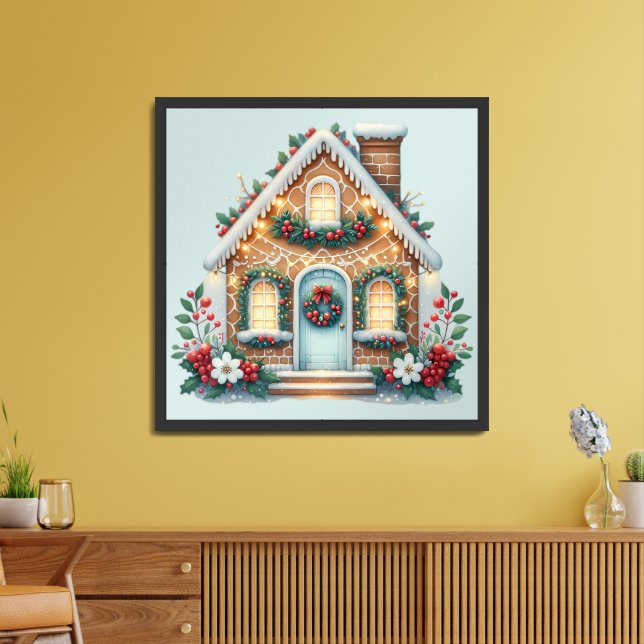 Cozy Gingerbread House Holiday Illustration Framed Art (Living Room)