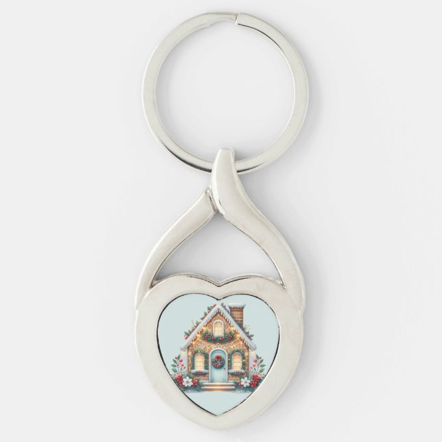 Cozy Gingerbread House Holiday Illustration Keychain (Front)