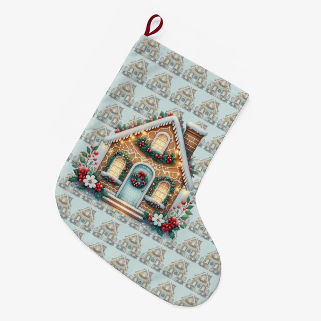 Cozy Gingerbread House Holiday Illustration Large Christmas Stocking (Front (Hanging))