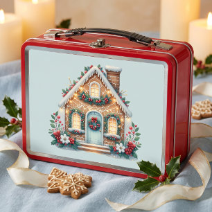 Cozy Gingerbread House Holiday Illustration Metal Lunch Box