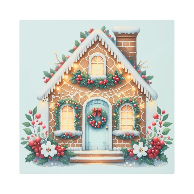 Cozy Gingerbread House Holiday Illustration Metal Print (Front)
