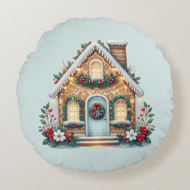 Cozy Gingerbread House Holiday Illustration Round Pillow (Front)