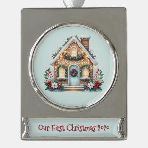 Cozy Gingerbread House Holiday Illustration Silver Plated Banner Ornament