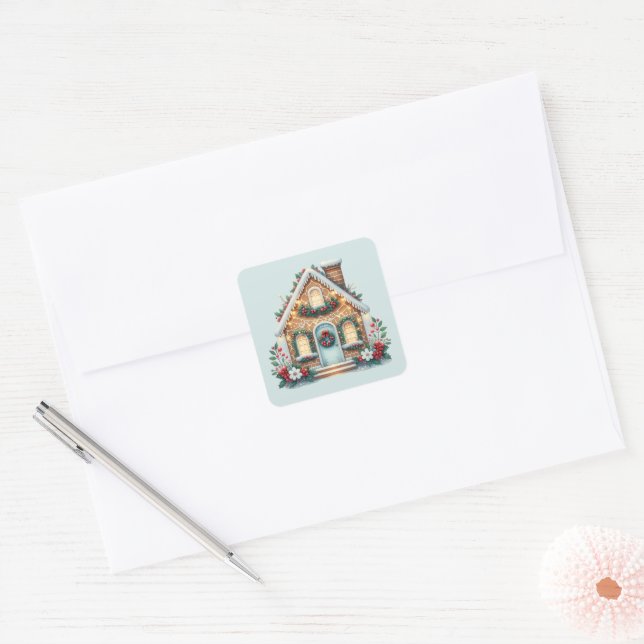 Cozy Gingerbread House Holiday Illustration Square Sticker (Envelope)