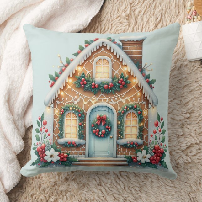 Cozy Gingerbread House Holiday Illustration Throw Pillow (Blanket)