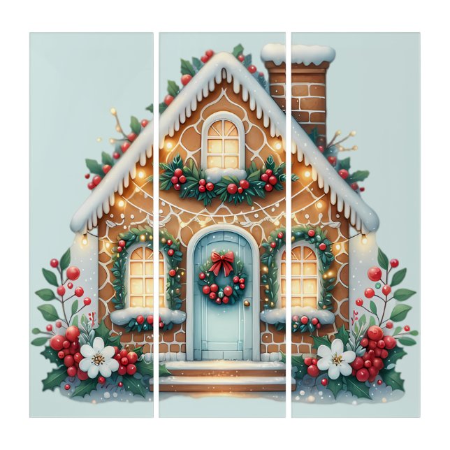 Cozy Gingerbread House Holiday Illustration Triptych (Front)