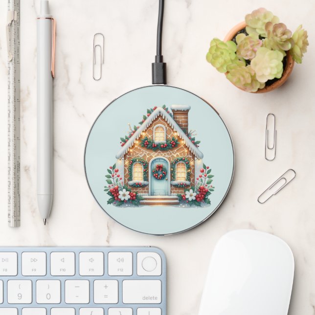 Cozy Gingerbread House Holiday Illustration Wireless Charger (Desk)