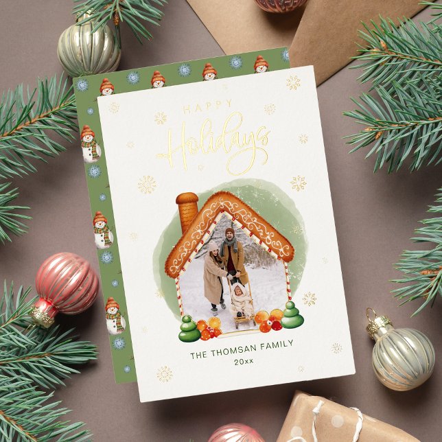 Cozy Gingerbread House Photo Foil Holiday Card (Cozy Christmas Photo House Foil Holiday Card)