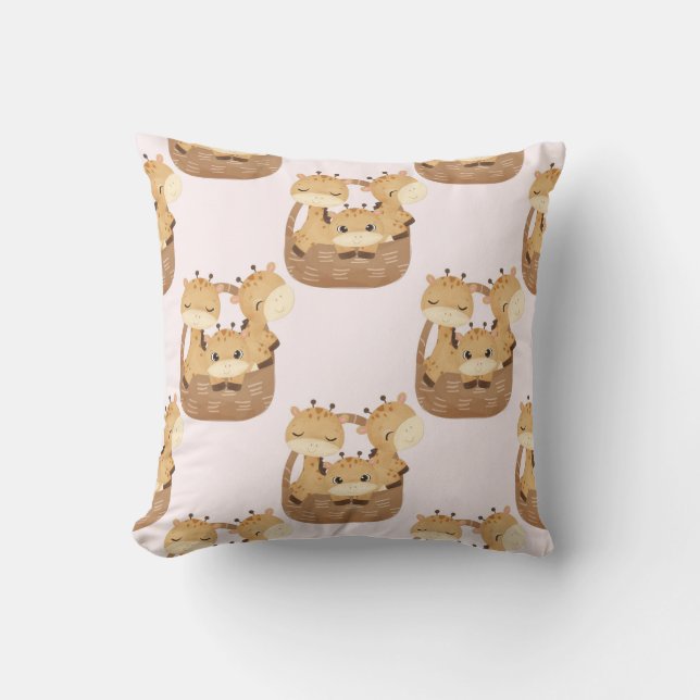 Cozy Giraffe Family in Baskets Throw Pillow (Front)