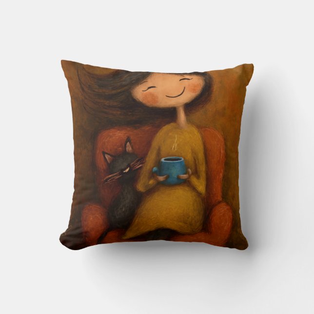 Cozy Girl Black Cat Whimsical Aesthetic Art Throw Pillow (Front)