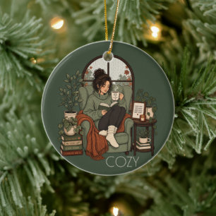 Cozy Girl Coffee Books Rainy Days Vintage Design Ceramic Ornament