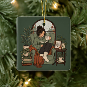 Cozy Girl Coffee Books Rainy Days Vintage Design Ceramic Ornament