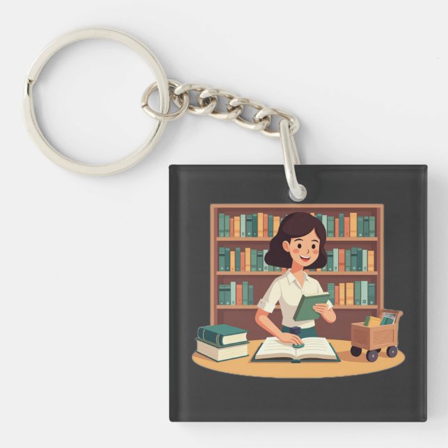 Cozy Girl Reading Bookshelf Keychain (Front)