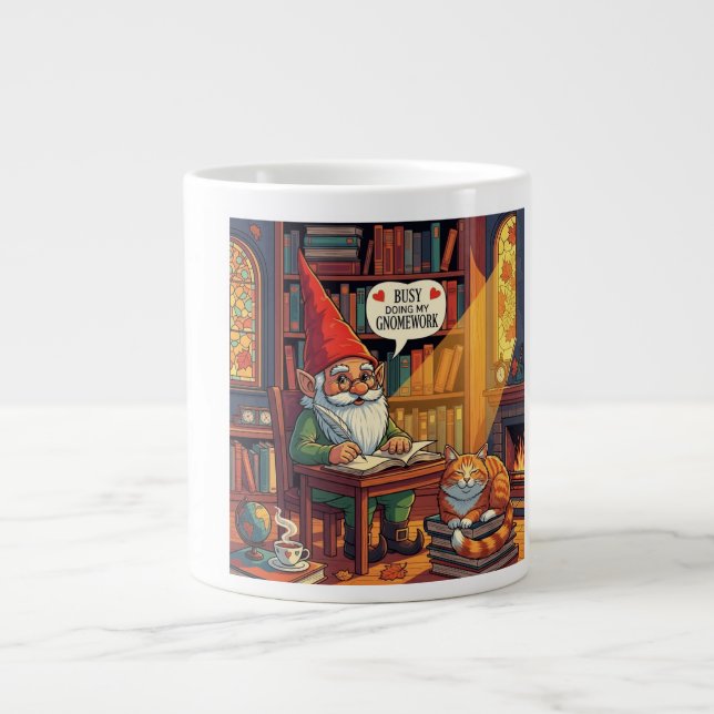 Cozy gnome doing his gnomework giant coffee mug (Front)