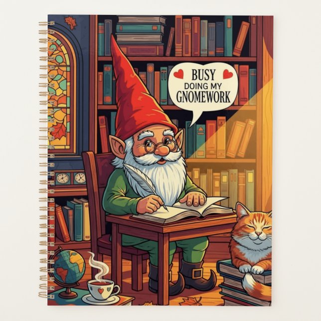 Cozy gnome doing his gnomework planner (Front)